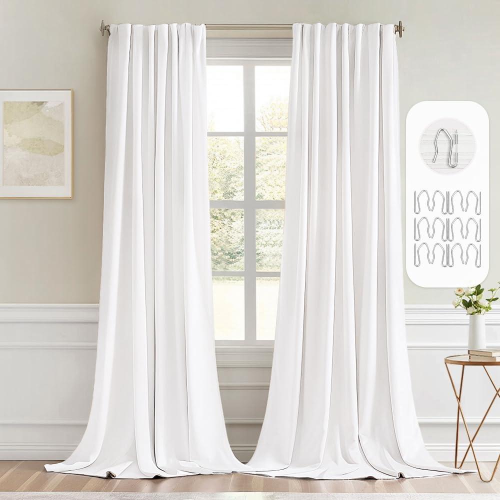 MIULEE Pure White Back Tab Blackout Curtain 96 Inch Long 2 Panels Set for Bedroom, Rod Pocket/Pinch Pleat Thermal Insulated Living Room Darkening Pleated Light Blocking Floor to Ceiling Drape, 52"W x 96"L