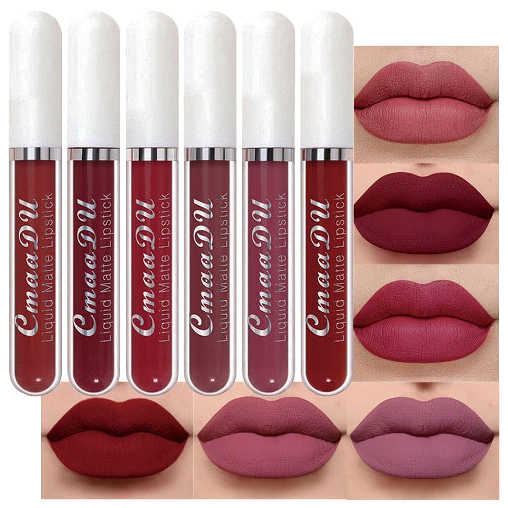 evpct 6Pcs Lipstick Matte Liquid Lipstick Lip gloss Set for Women, Dark Plum Rose Mauve Red Nude Pink labiales mate 24 horas originales matte larga duracion 24 Hour Lipstick A-02
