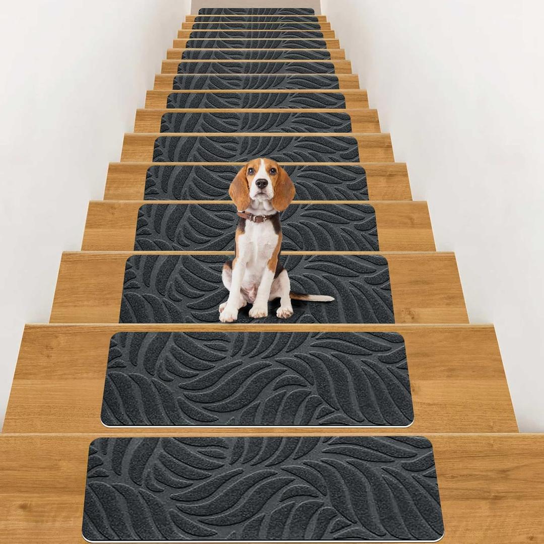 Non Slip Stair Treads for Wood Steps, 15 Pack 7.4"x21.65" Stair Carpets with Reusable Adhesive, Anti-Slip Peel and Stick Rug for Kids Elders and Pets (Dark Gray)
