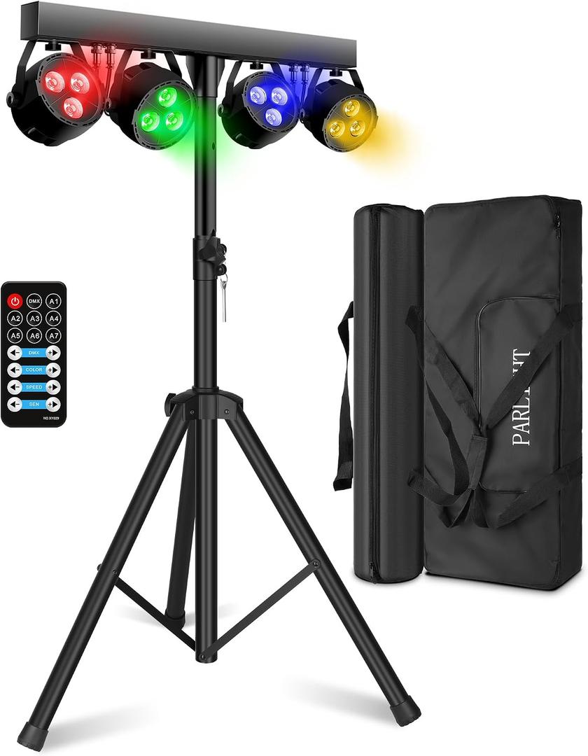 Stage Lights with Stand 120W, Professional DJ Lights Package, RGBW LED 4-Par Gigbar with DMX & Sound-Activated Stage Lighting System for DJs Band Party Wedding Church & Concert, 7FT Tripod