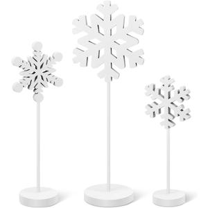BBTO 3 Pcs Christmas Snowflake Table Decorations Tall Standing Snowflake Wood Sign Block Winter Wooden Xmas Standing Table Sign Christmas Fireplace Decoration for Xmas Party