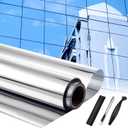 Pushglossy 35.43 Inch X 98.43 ft One Way Window Tint Film Privacy Daytime Reflective Mirror Window Sun Blocking Thermal Insulated Film Heat Control Static Cling Tint Anti UV Home Office (Silver)