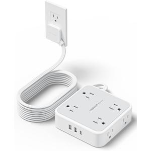TESSAN Surge Protector Power Strip, 15 Ft Flat Plug Extension Cord with 3 USB (1 USB C) 8 Outlets, 1250W, 900J Protection, 3 Sided Outlet Extender with Power Switch for Office, Dorm Room, Grey