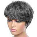 Pixie Cut Wig Human Hair Salt And Pepper Human Hair Wig Short Layered Glueless Wigs for Black Women With Bang None Lace Front Wigs 180% Density 5 Inch Brazilian Virgin Pixie Cut Wigs for Women