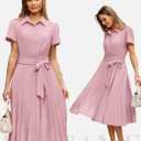 GRACE KARIN Women's 2026 Summer Midi Work Dress Short Sleeve Button Shirt Dresses A Line Pleated Belt Business Casual Dresses (Pink, S)
