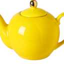 30oz Yellow Porcelain Teapot with a Speckled Glaze, Sunny Ceramic Teapot with Gold Trim for Loose Leaf and Blooming Tea, Tea Party Essential