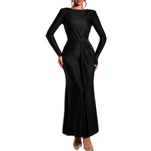 ChiaoLezhee Floor-Length Bodycon Dress, Boat-Neck Ruched, Fall Long Sleeve, Semi-Formal Cocktail Evening-Gowns for Women, L