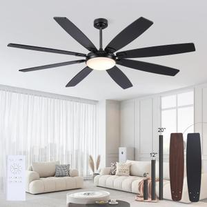 72 Inch Large Ceiling Fans with Lights, Modern Black Ceiling Fans with 8 Wooden Blade, 6 Speeds, Reversible DC Motor, 3 Colors LED Fans Light for Indoor Living Room/Covered Outdoor