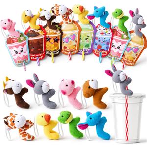 JOYIN 24 Pcs Valentine's Day Gifts Plush Toy & Straws with Cards, Mini Plush Finger Puppets to Hold Straw & Drink Themed Cards, Valentines Day Card for Kids School Classroom Exchange Prizes