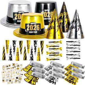 2026 New Years Eve Party Supplies, 60 Pcs New Year Eve Party Hats and Horns, Headband, Tattoos, Blowouts 2026 New Year Party Favors