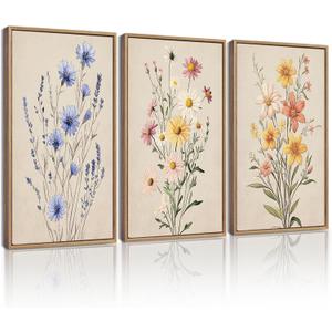 KUVIOKE Vintage Wildflower Bouquet Framed Wall Art Color Botanical Flower Wall Decor Modern Colorful Floral Hanging Decor for Living Laundry Dining 16x24in (Natural Framed) (24L" x 16W" x 3 Panels Natural)