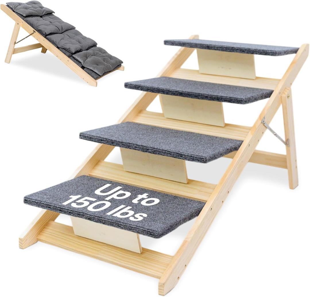 Folding Dog Ramp for Bed and Car - Transforms into Step Dog Stairs for Small, Medium, Large Breeds - Wooden Pet Stairs for Dogs to Get on Bed - Folding Pet Steps for Indoor & Outdoor Use