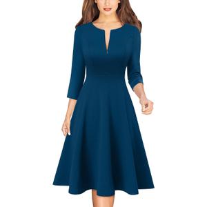 VFSHOW Women's Work Business Front Zipper A-Line Dresses 3/4 Sleeve Office Church Fit and Flare Skater Swing Knee Length Dress, XXL