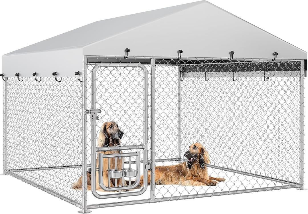 YITAHOME Outdoor Dog Kennel with Rotating Feeder Bowls, 7.5'x7.5' Outdoor Dog Enclosure with Roof, Heavy Duty Dog Cage for Medium Large Dogs