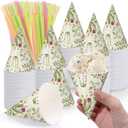 Willinglong 50 Sets Vintage Wildflower Snow Cone Cups and Straws 6oz Green Leaves Herbs Ice Cream Cup Spring Flora Paper Funnel for Wedding Baby Bridal Shower Birthday Garden Tea Party Decor Supplies