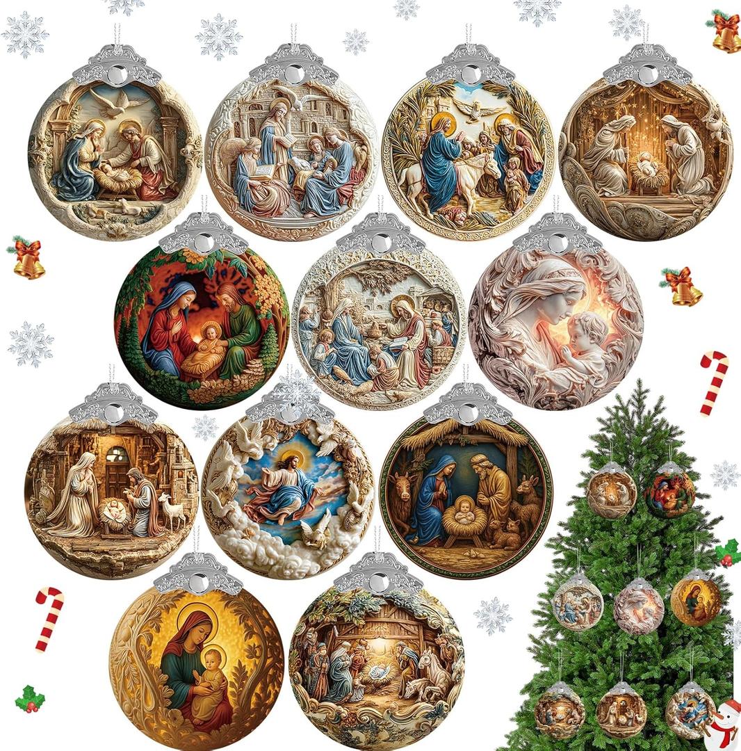 12 Pcs Nativity Scene Ornaments for Christmas Tree Acrylic Religious Xmas 3D Decorations Christian Scene Hanging Ornaments Gifts 3.15 Inch for Christian Christmas Garden Yard Outdoor Home Winter Decor