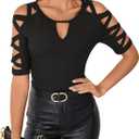 GORGLITTER Women's Cut Out Cold Shoulder Tees Top Criss Cross Half Sleeve Round Neck Ribbed Knit T Shirt (L)