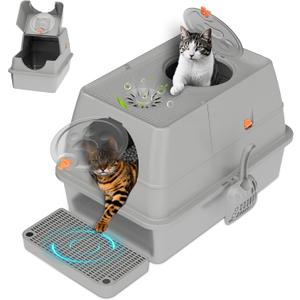 Stainless Steel Litter Box with Lid, XL Extra Large Cat Litter Box Enclosure, Front & Top Entry Covered Metal Cat Box with Steps & Scoop, Easy Cleaning