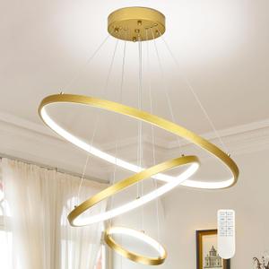 Gold LED Modern Chandelier, 3-Ring Pendant Light Fixture, Dimmable 3000K-6500K, Adjustable Hanging Ceiling Light Over Table for Dining Room, Kitchen Island, Living Room, Bedroom, Entryway
