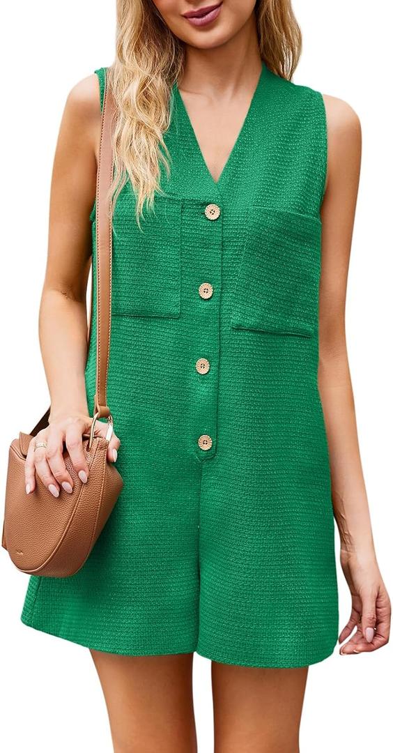 Tongmingyun Womens Dressy Sleeveless Rompers Casual Textured V Neck Button Down Short Jumpsuits with Pockets (Medium, Green)