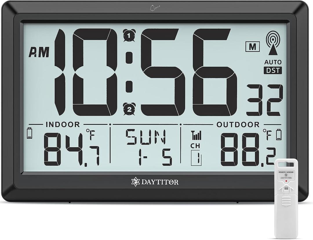 Atomic Clock Wall with Indoor/Outdoor Temp, Battery Operated Digital Wall Clock with 10.5" Large LCD Display, 330ft Range Desk Table Clock with Alarm, DST, Calendar for Living Room Bedrooms, Black