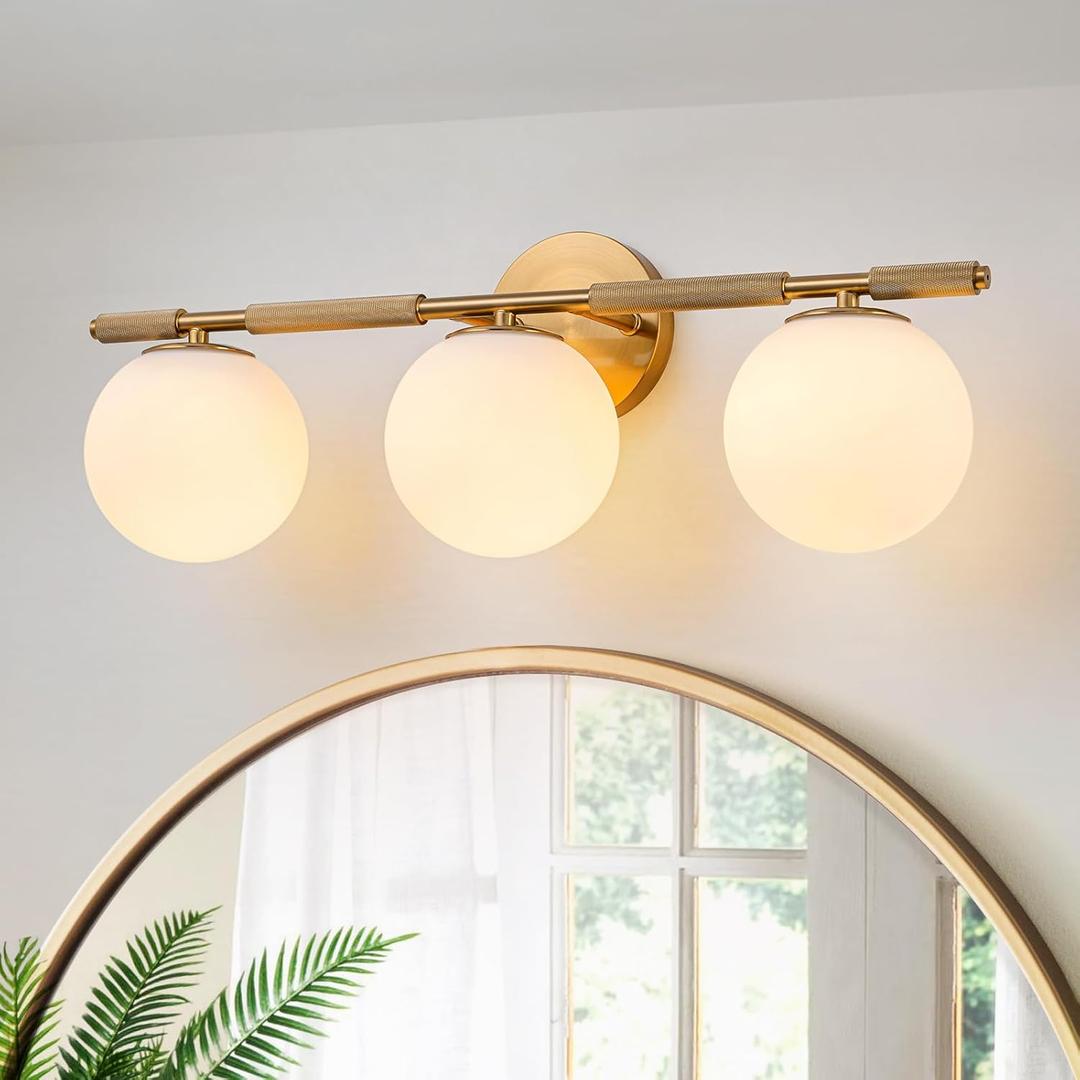 Modern Brass Vanity Light, 23-Inch Gold Bathroom Light Fixtures 3-Light Mid-Century Milk Glass Globe Wall Sconce with Knurled Texture
