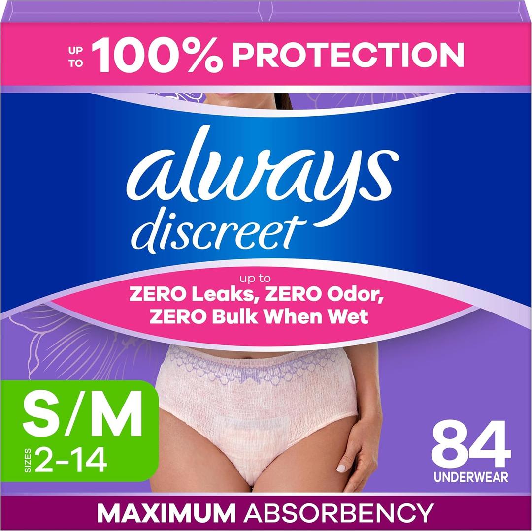 Always Discreet Adult Diapers for Women, Incontinence Underwear, Postpartum Essentials, Disposable Briefs, Max Absorbency, Bladder Leak Protection, Small/Medium, 84ct