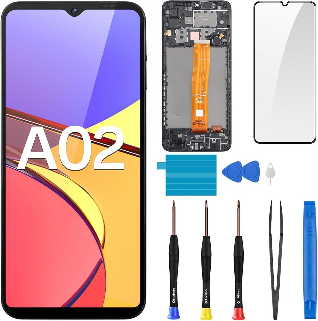 Screen Replacement for Samsung Galaxy A02 LCD Display Touch Digitizer Full Assembly with Frame Side Button Ear Speaker Vibration Motor Glass Repair Tools Kit SM-A022F (A022F A022M)