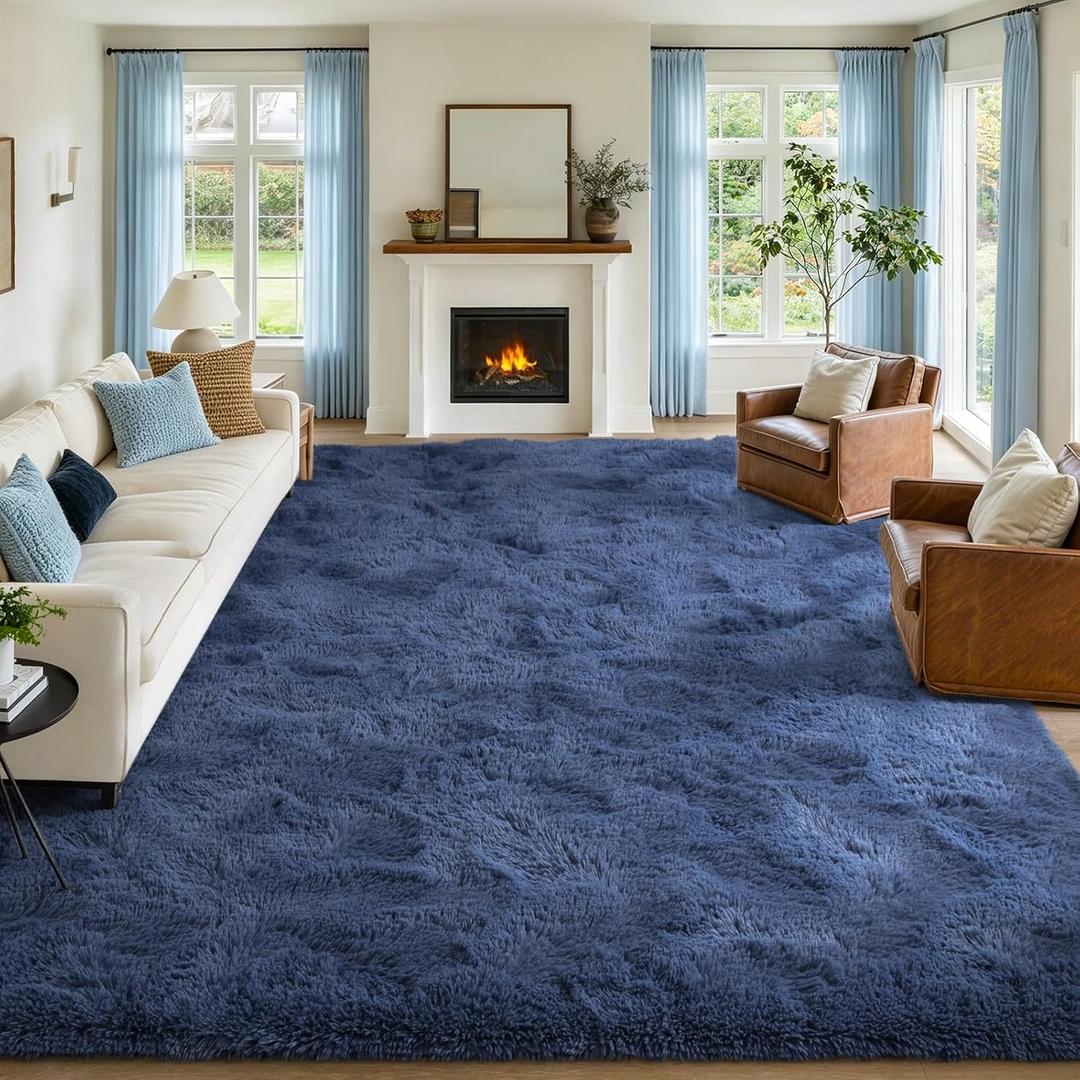 FinRec 9x12 Feet Rug for Bedroom Living Room, Dark Blue High Pile Plush Area Rug, Non-Slip Soft Fluffy Carpet for Nursery Kids Room Dorm Room Home Decor, Indoor Fuzzy Floor Rugs