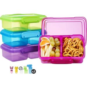 4 Pack Plastic Snack Containers with Lids, 2 Compartment Food Container for Kids Snack Box, Travel Bento Lunch Containers with forks for Fruits/Candies, Divided Food Storage Containers for School (Colorful)