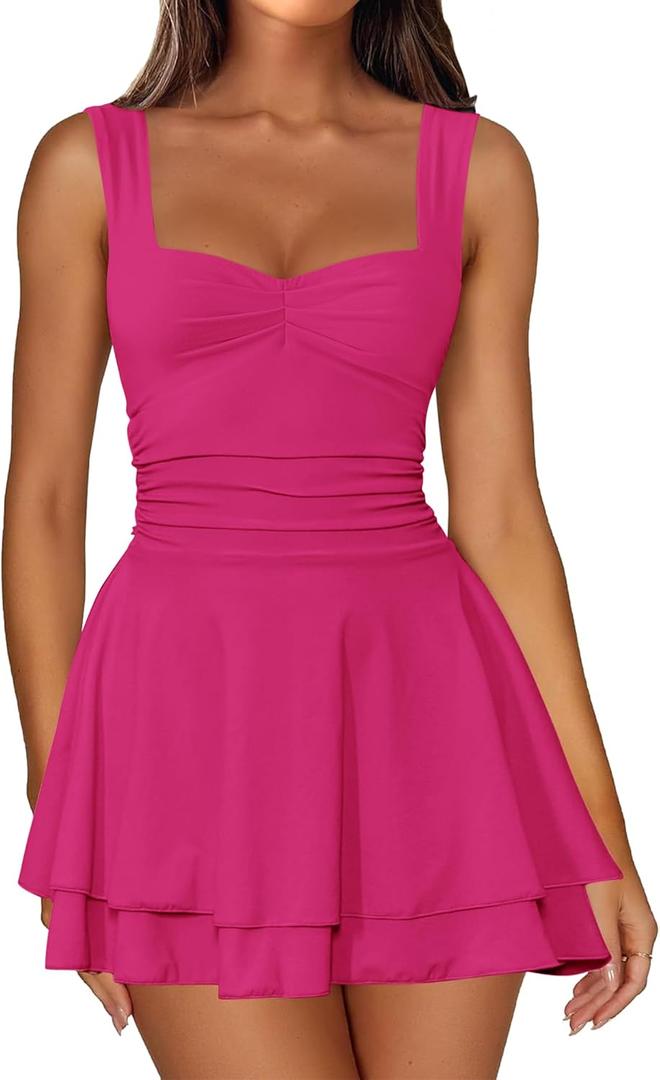 IWD Women's Square Neck Sleeveless Mini Dress Ruched Waist Tiered Ruffle Hem A Line Short Dresses (Pink, M)