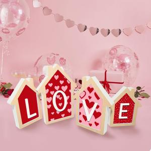 Valentines Day Decorations, 4 Pcs Wood House Shape Sign, Romantic Valentine Decor for Home Office Shelf Tiered Tray Desk Mantle Couple Gifts