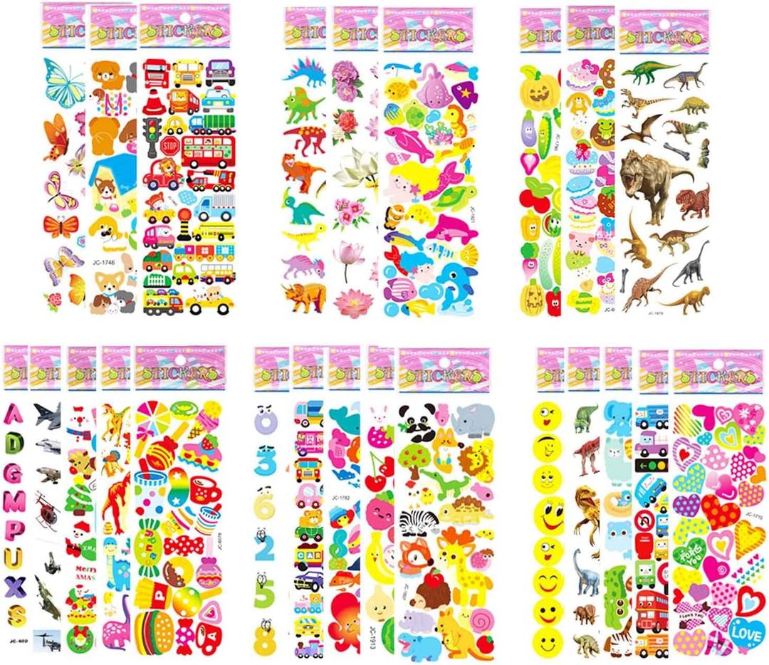 Puffy Stickers for Kids Toddlers, Small 3D Sticker Variety Pack, Kid Stickers Sheets Bulk, Mini Party Favor for Kids Boy (Dinosaur Car Animal Dog Flower Heart Number Food Truck) 24 Sheets (24 Sheets, Variety Pack)