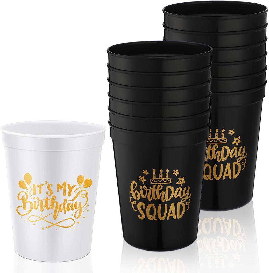 16 Pack Birthday Party Reusable Cups 16 oz Squad Plastic Cups Theme Drinking for 20th 30th 40th 50th 60th Birthday Decorations Party Favor for Adults(Black, White)