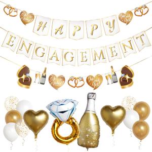 Pirese Happy Engagement Banner, Just Engaged Banner, Happy Engagement Decorations | Just Engaged Decorations | Almost Married Sign | Congratulations Wedding Decor Sign with Balloons (Gold)