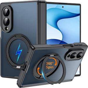 for Samsung Galaxy Z Fold 8 Case with 360 Spin Magnetic Kickstand, Black | Hinge Protection, Compatible with MagSafe, No Front Frame, Magnetic Ring Holder Translucent Shockproof Case