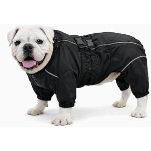 Lovelonglong Waterproof Dog Raincoat 4-Leg Full Body Dog Rain Suit with Reflective Strips & Leash Opening, Outdoor Dog Jacket for Rainy Weather (Black), Size: B-L (bulldog back 15.5")
