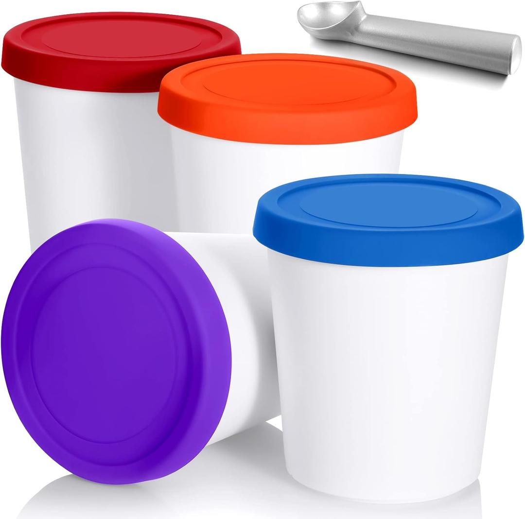 Nuenen 5 Pack Ice Cream Containers 1Qt Freezer Storage Tubs with Silicone Lids and Spoon for Homemade Ice Cream Reusable, Sorbet Dishwasher Safe (Dark Series Colors)