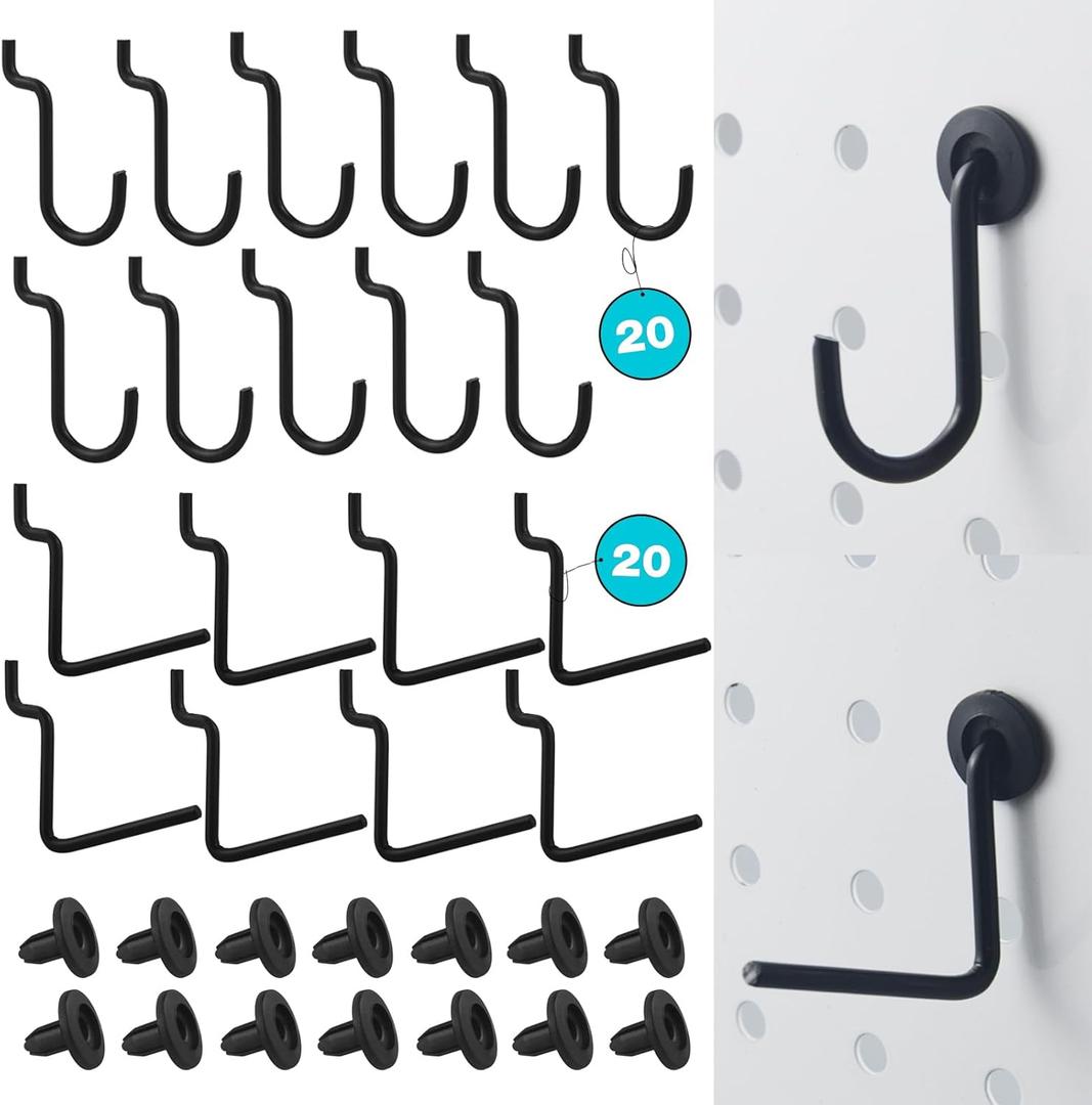 Pegboard J Hooks Accessories - 40 Set Peg Board L and J Type Hooks Fit 1/4 Pegboards - Metal Heavy Duty Small Racking Hangers Utility Tool Organizers for Kitchen Garage Workshop Craft Office (Black)