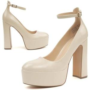 JENN ARDOR Platform Heels for Women Chunky Heel Closed Toe High Heels Block Heel Ankle Strap 9, Nude/Pu