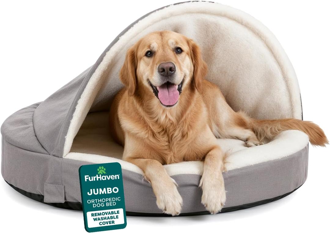 Furhaven 44" Round Orthopedic Dog Bed for Large Dogs w/ Removable Washable Cover, For Dogs Up to 80 lbs - Sherpa & Suede Snuggery - Gray, 44-inch (Jumbo)