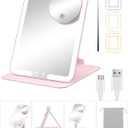 Gospire Travel Makeup Mirror with Lights and Magnification 10X, Portable Make Up Compact Tabletop Mirror with Adjustable Stand, 3 Colored Lights Rechargeable Lighted LED Vanity Mirror - Pink