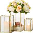 Glass Hurricane Candle Holder Large - Hewory 3pcs Gold Rectangle Flower Holders Centerpiece for Table, Tall Floor Square Pillar Candle Lantern for Wedding, Anniversary, Party, Fireplace, Dining Room