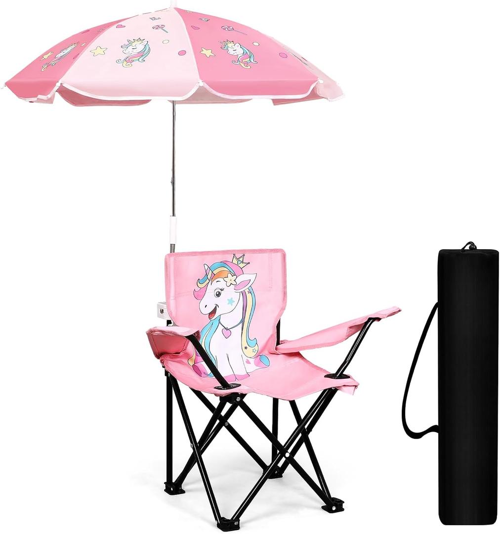 Outdoor Toddler Camping Chair with Umbrella Foldable Beach Chairs with Safety Lock for Kids Waterproof Lawn Kids Folding Chair for Outside Beach Travel(Unicorn), Small