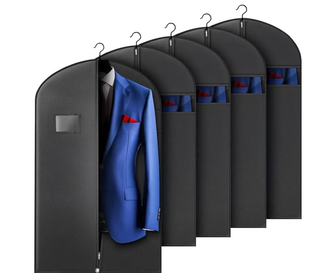 5 Pack 40-inch Suit Bag Garment Bag for Travel and Storage, Garment Bags for Hanging Clothes with Zipper and Visible Transparent Window, Black