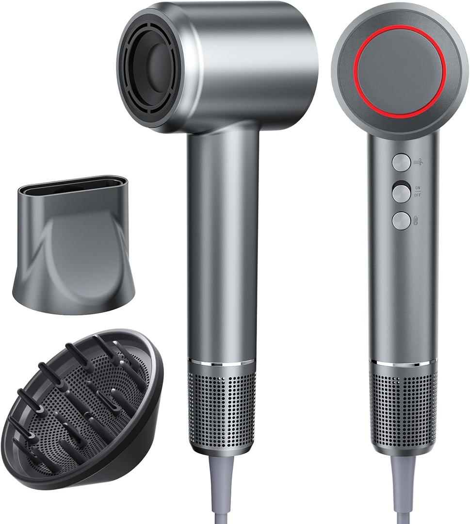 Hair Dryer, Blow Dryer with Diffuser - 110,000 RPM High-Speed Ionic Technology for Women, Brushless Motor, Low Noise Design with Magnetic Nozzle Attachments