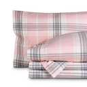 Bare Home Flannel Sheet Set Prints, 100% Cotton, Velvety Soft Heavyweight - Double Brushed Flannel - Deep Pocket (Split King, Aurora Plaid - Pink)
