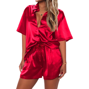 Ekouaer Pajamas for Women Silk Soft Sleepwear Short Sleeve Button Down Pjs Satin Top and Shorts 2 Piece Lounge Set S