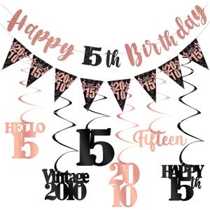 15th Birthday Decorations for Girls, Black Rose Gold Happy 15th Birthday Banner Hanging Swirls Vintage 2010 Birthday Decorations Kit Hello 15 Party Supplies
