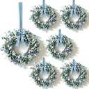 6 Pcs Small Blue Daisy Flower Hanging Wreaths for Cabinets with White Floral Eucalyptus Leaves Lavender Artificial Grains Mini Candle Rings Wreath for Home Front Door Farmhouse Coastal Blue Porch